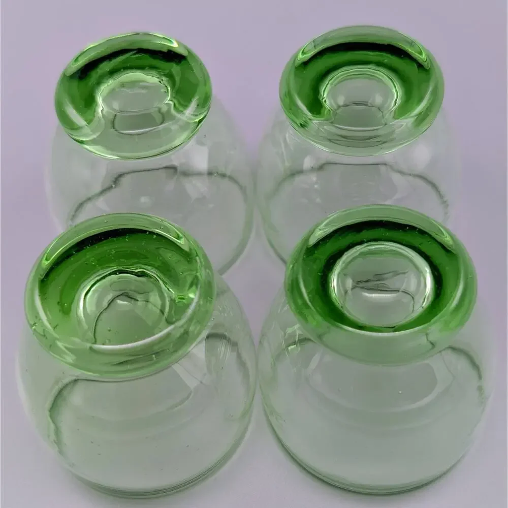 Set of 4 Vintage Green Glass Footed Shot Glasses / Cordials